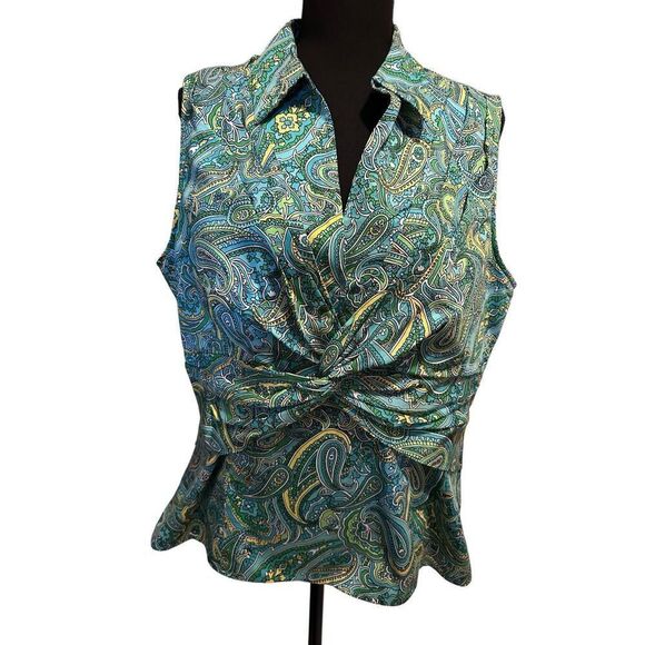 Jones New York Stretch Blue Green Paisley Print Sleeveless Blouse Top Size XL - Picture 1 of 10